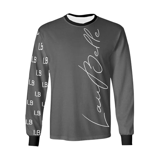Gray long-sleeve shirt with white script text, black cuffs, and repeated "LB" on one sleeve.