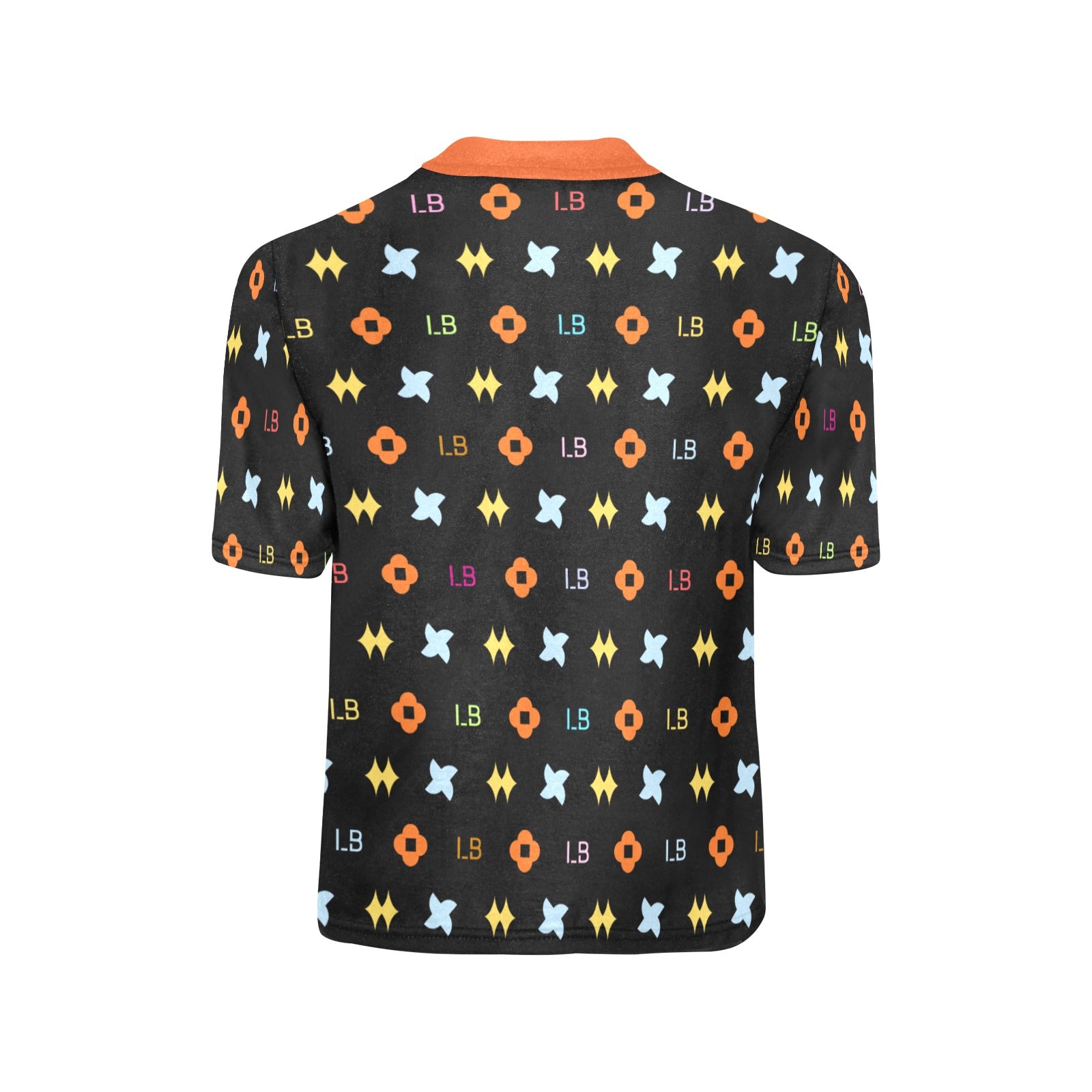 Black shirt with multicolored geometric patterns and an orange collar.