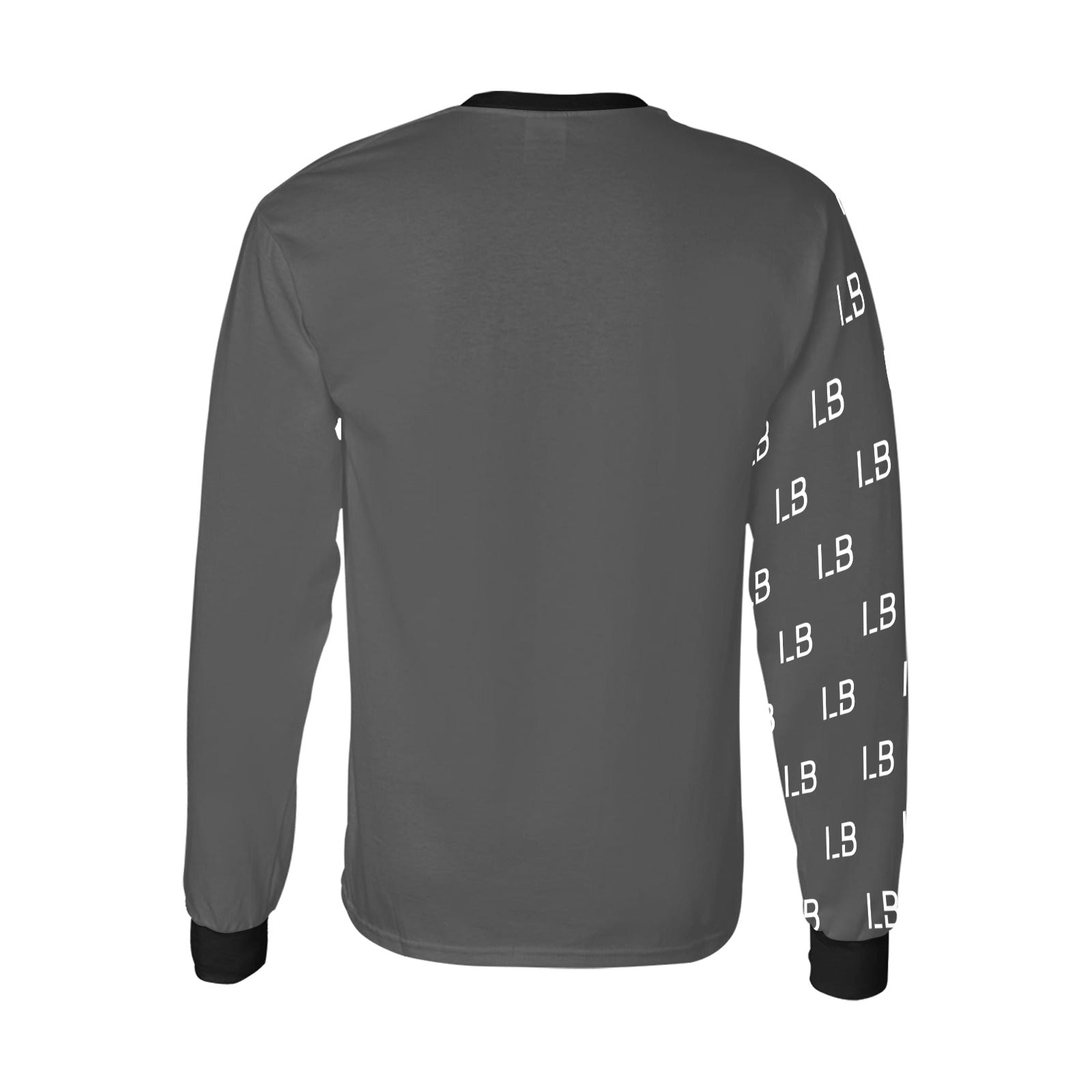 Gray long-sleeve shirt with black cuffs; right sleeve features repeated "L8" pattern in white.