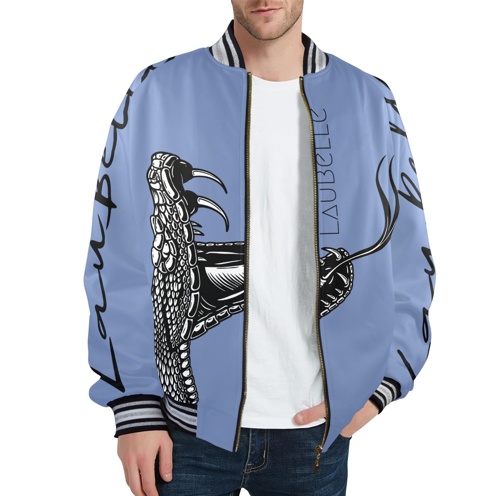 LauBelle Mens Sporty Striped-Trim Metal-Zip Bomber Jacket