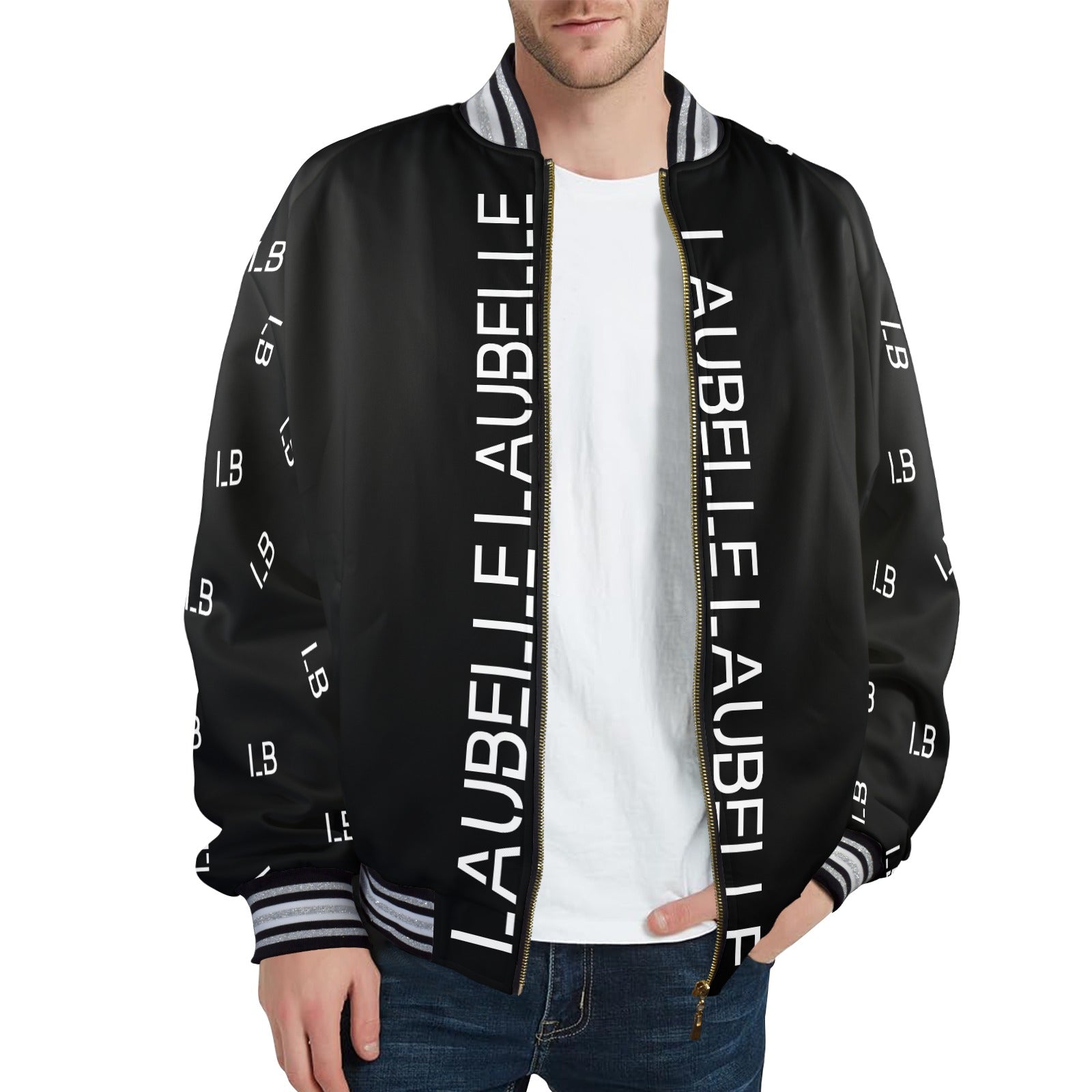 LauBelle Mens Sporty Striped-Trim Metal-Zip Bomber Jacket