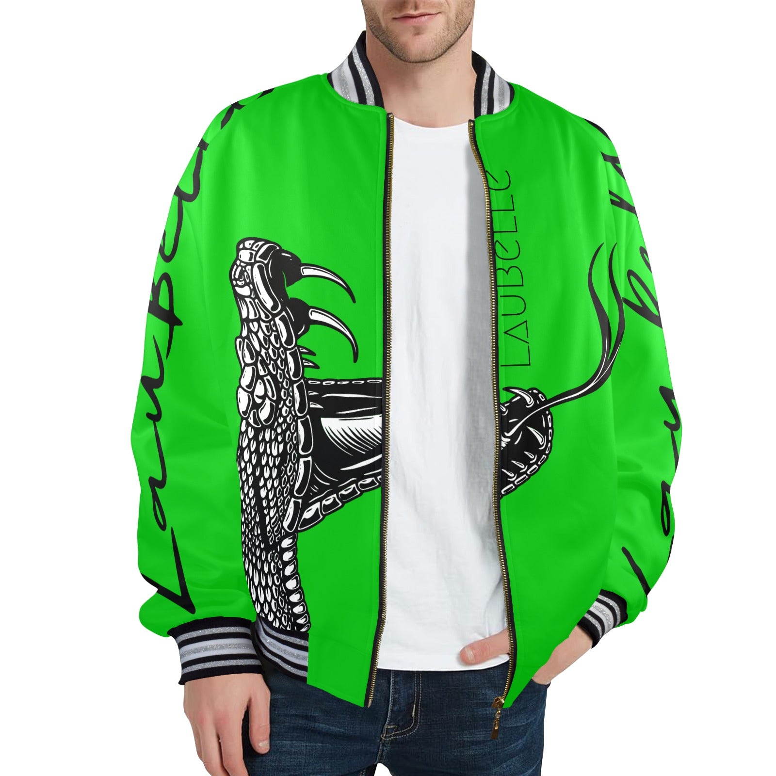 LauBelle Mens Sporty Striped-Trim Metal-Zip Bomber Jacket