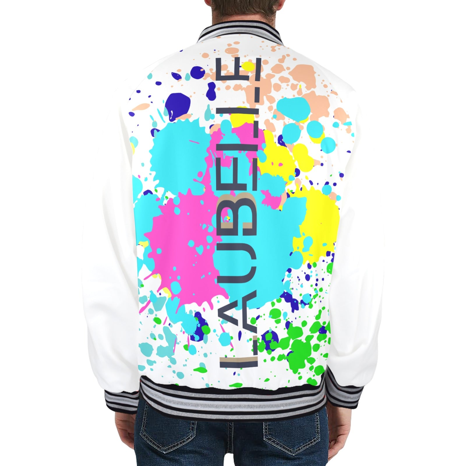 LauBelle Mens Sporty Striped-Trim Metal-Zip Bomber Jacket