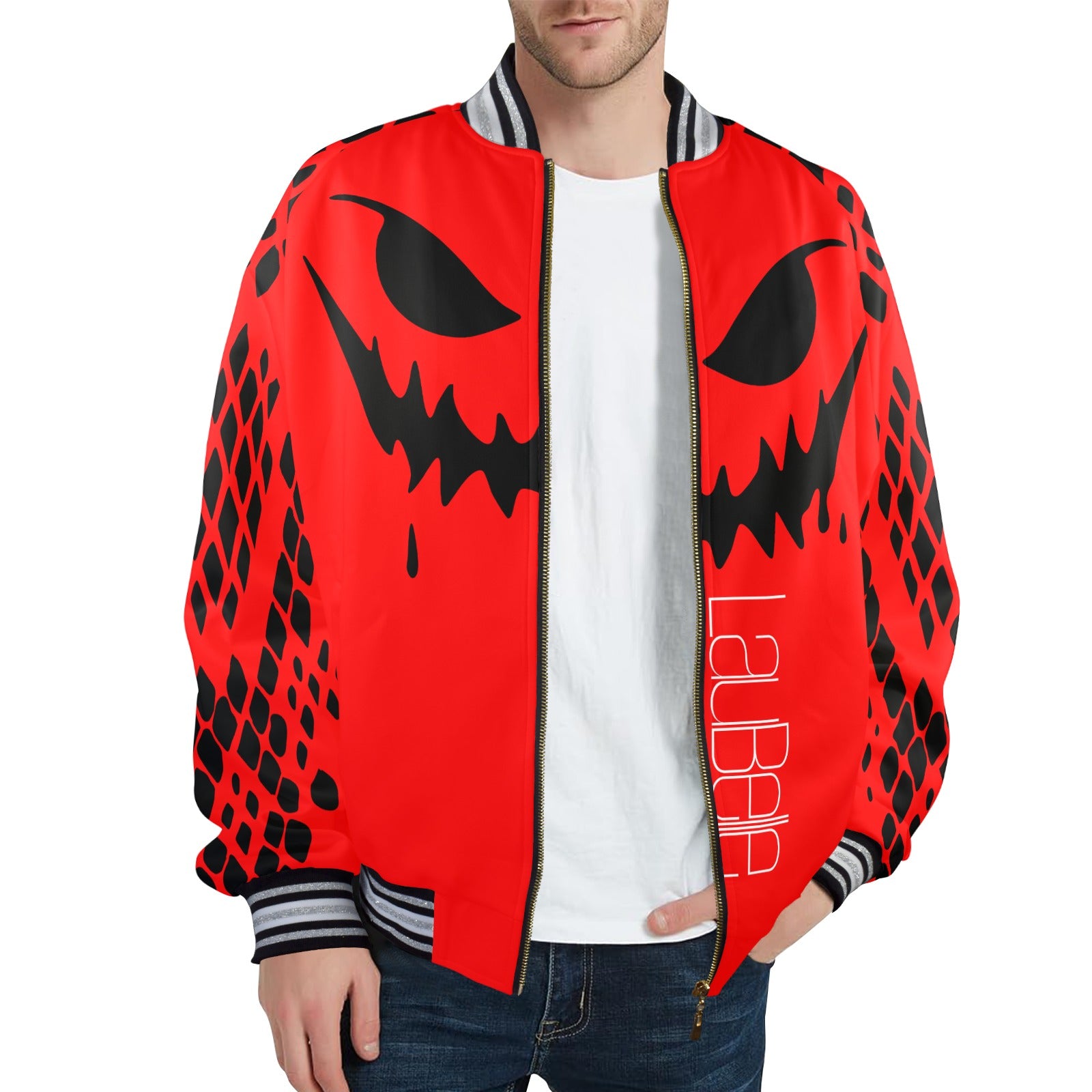 LauBelle Mens Sporty Striped-Trim Metal-Zip Bomber Jacket