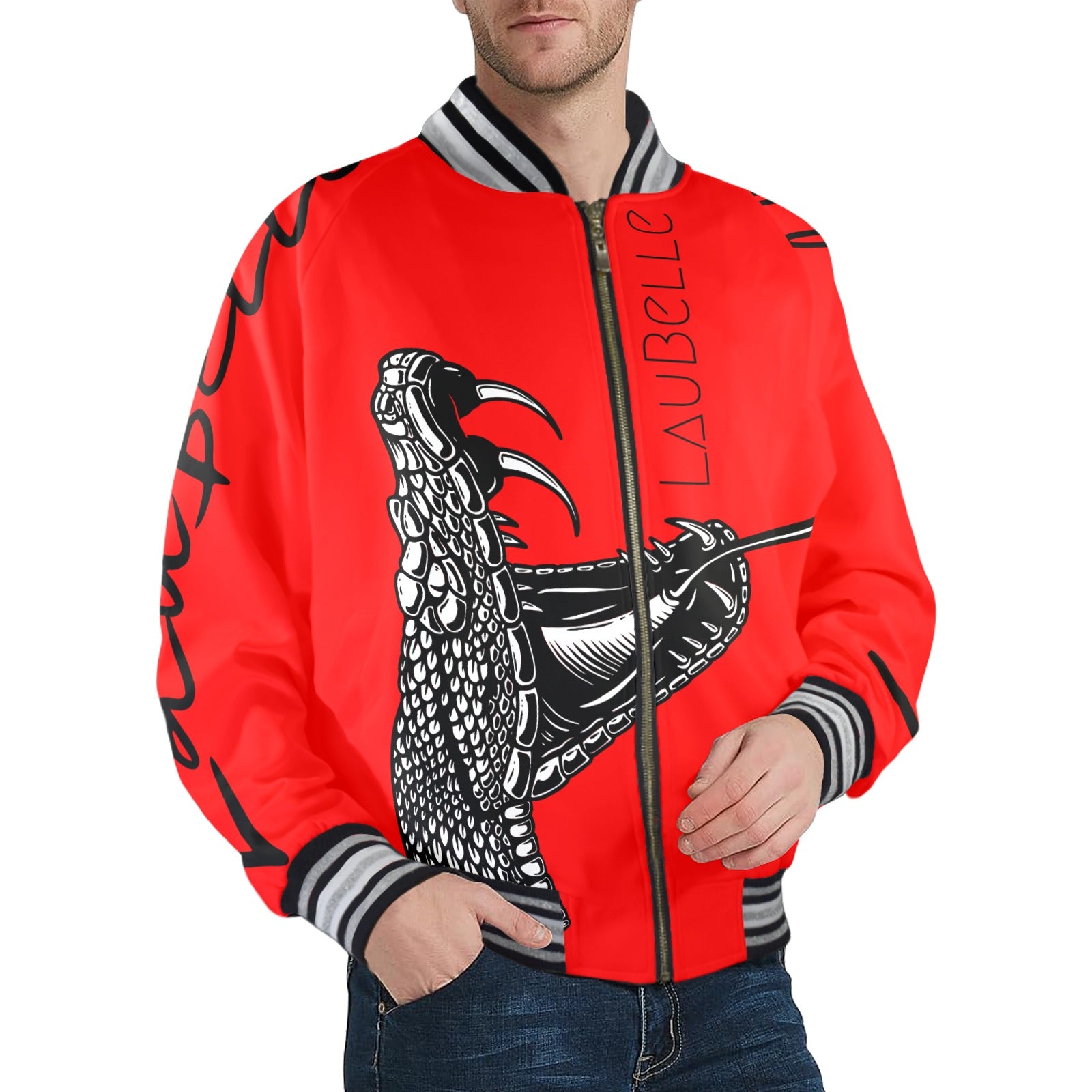 LauBelle Mens Sporty Striped-Trim Metal-Zip Bomber Jacket