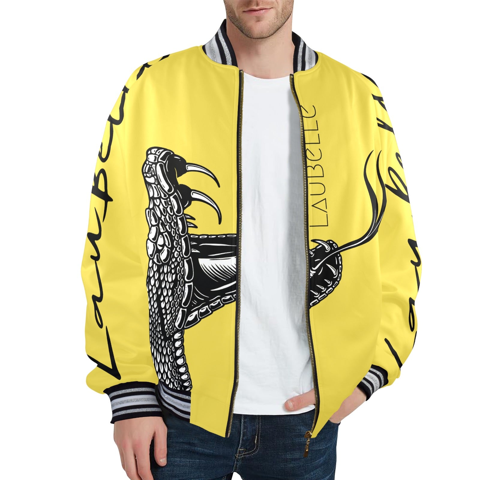 LauBelle Mens Sporty Striped-Trim Metal-Zip Bomber Jacket