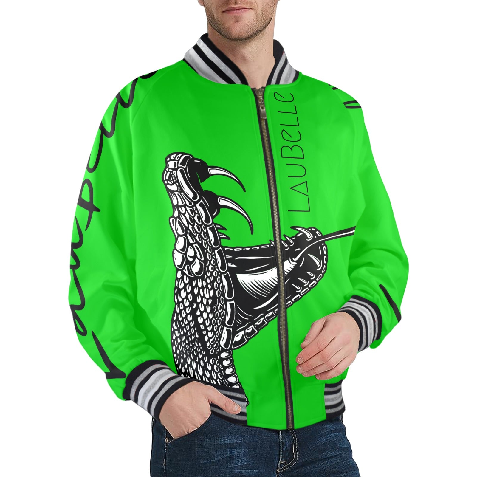 LauBelle Mens Sporty Striped-Trim Metal-Zip Bomber Jacket